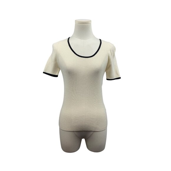 Luxe Ribbed Short Sleeve Contrast Trim Fitted Knit Top In Cream & Black - Picture 1 of 7